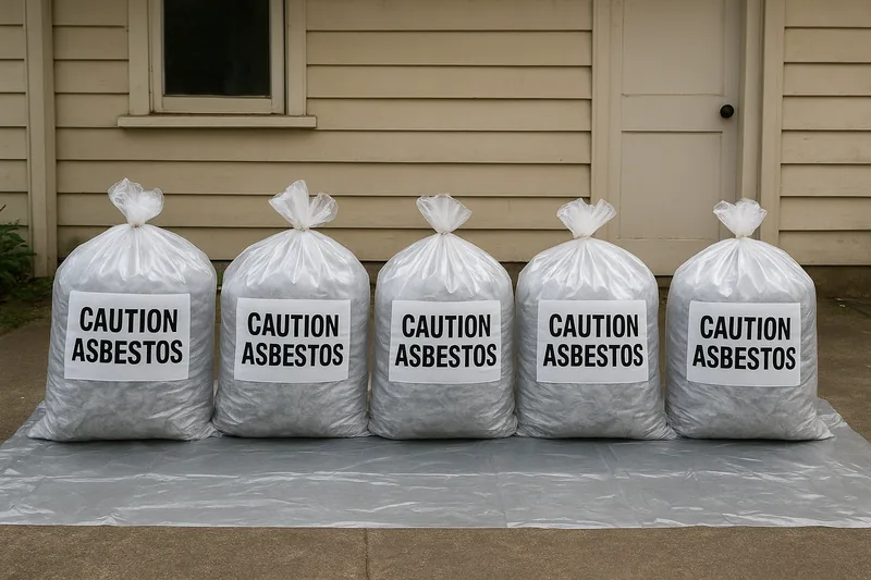 Five sealed clear waste bags each printed with a white panel reading CAUTION ASBESTOS, lined up on plastic sheeting on a concrete driveway beside a weatherboard house — asbestos disposal, Central Coast. Illustrative example.