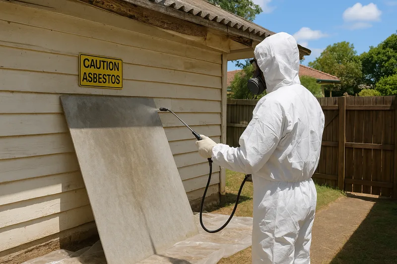 A person in white coveralls, hood and half-face respirator misting a flat grey sheet leaning against a weatherboard wall with a hand-pump sprayer, a yellow sign reading CAUTION ASBESTOS on the wall above and clear plastic sheeting on the ground — asbestos roof and sheet removal, Central Coast. Illustrative example.