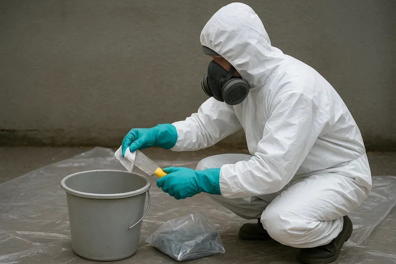 A person in white coveralls, hood, respirator and green gloves crouching and wiping a hand scraper with a wet wipe over a grey bucket, a sealed bag on plastic sheeting beside them — asbestos removal, Central Coast. Illustrative example.
