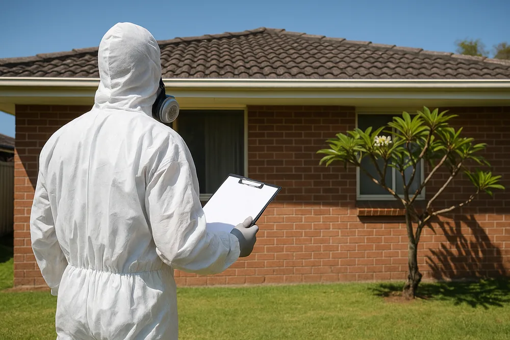 A person in white coveralls with a respirator at the neck, seen from behind, holding a blank clipboard and looking at a single-storey brick house with a tiled roof and a frangipani tree — asbestos inspection, Central Coast. Illustrative example.