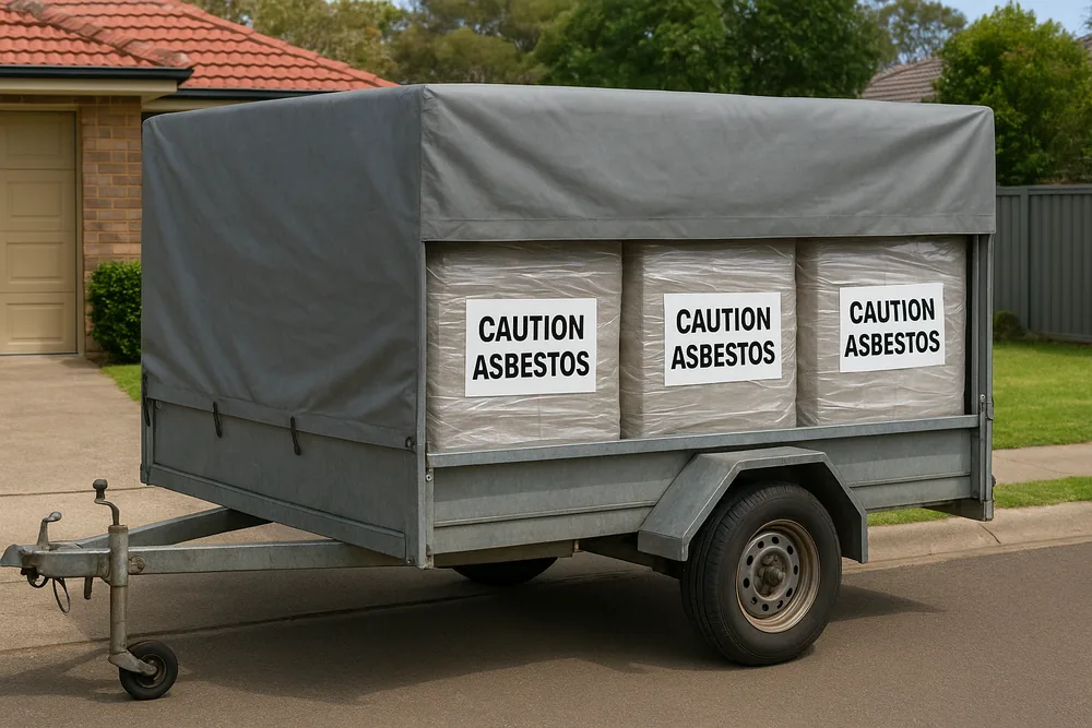 A galvanised box trailer loaded with wrapped bundles labelled CAUTION ASBESTOS, a grey tarpaulin pulled over and strapped along the near side, parked on a suburban street — asbestos disposal, Central Coast. Illustrative example.