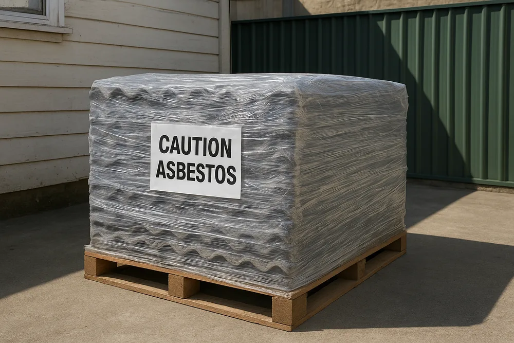 A stack of corrugated grey sheets on a wooden pallet wrapped tightly in clear plastic with a white tag reading CAUTION ASBESTOS, in front of a weatherboard wall and a green fence — asbestos roof and sheet removal, Central Coast. Illustrative example.
