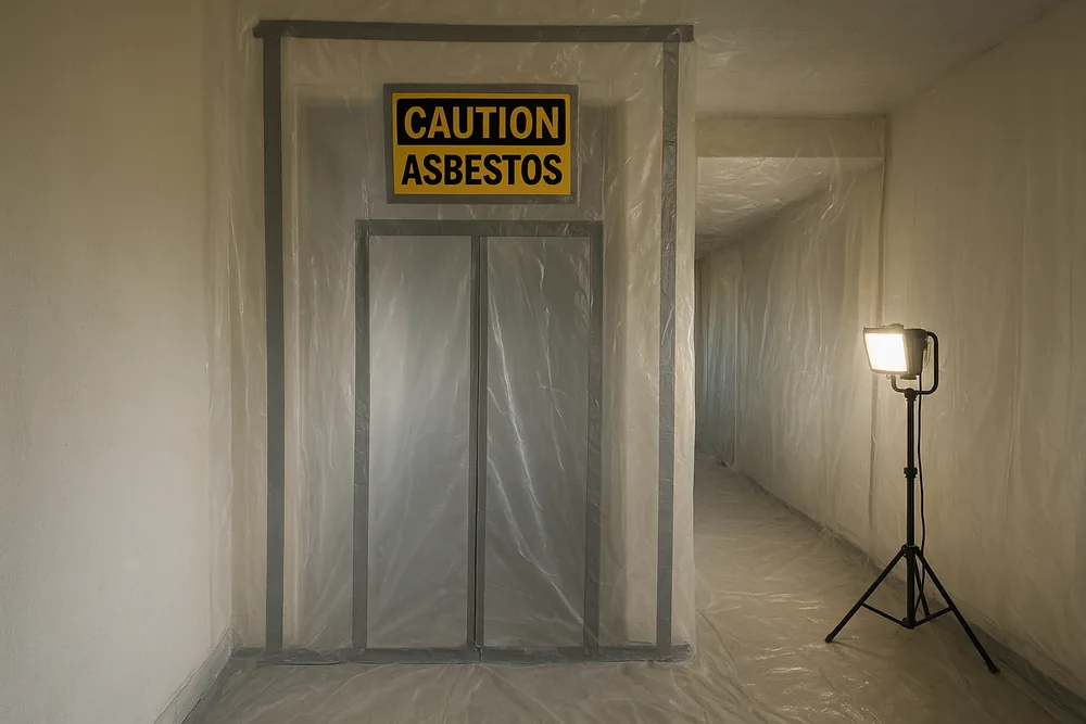 An older house hallway sealed floor to ceiling in taped clear plastic sheeting with a zip-flap doorway, a yellow sign reading CAUTION ASBESTOS above it and a work light on a stand — friable asbestos removal, Central Coast. Illustrative example.