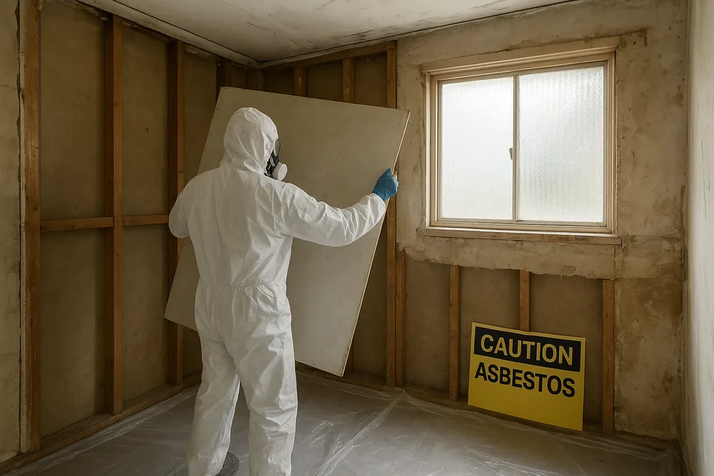 A stripped laundry with bare timber studs and a frosted window, plastic sheeting on the floor, a person in white coveralls, hood and respirator lifting away one flat pale wall sheet whole, and a yellow sign reading CAUTION ASBESTOS leaning on the wall — asbestos removal before renovation or demolition, Central Coast. Illustrative example.