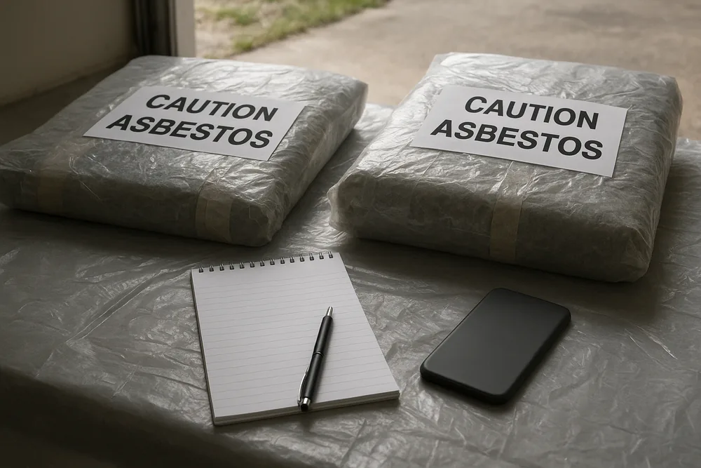 A blank spiral notepad, a pen and a phone on a plastic-covered bench beside two bundles wrapped in heavy plastic with white tags reading CAUTION ASBESTOS, a driveway out of focus behind — asbestos disposal, Central Coast. Illustrative example.
